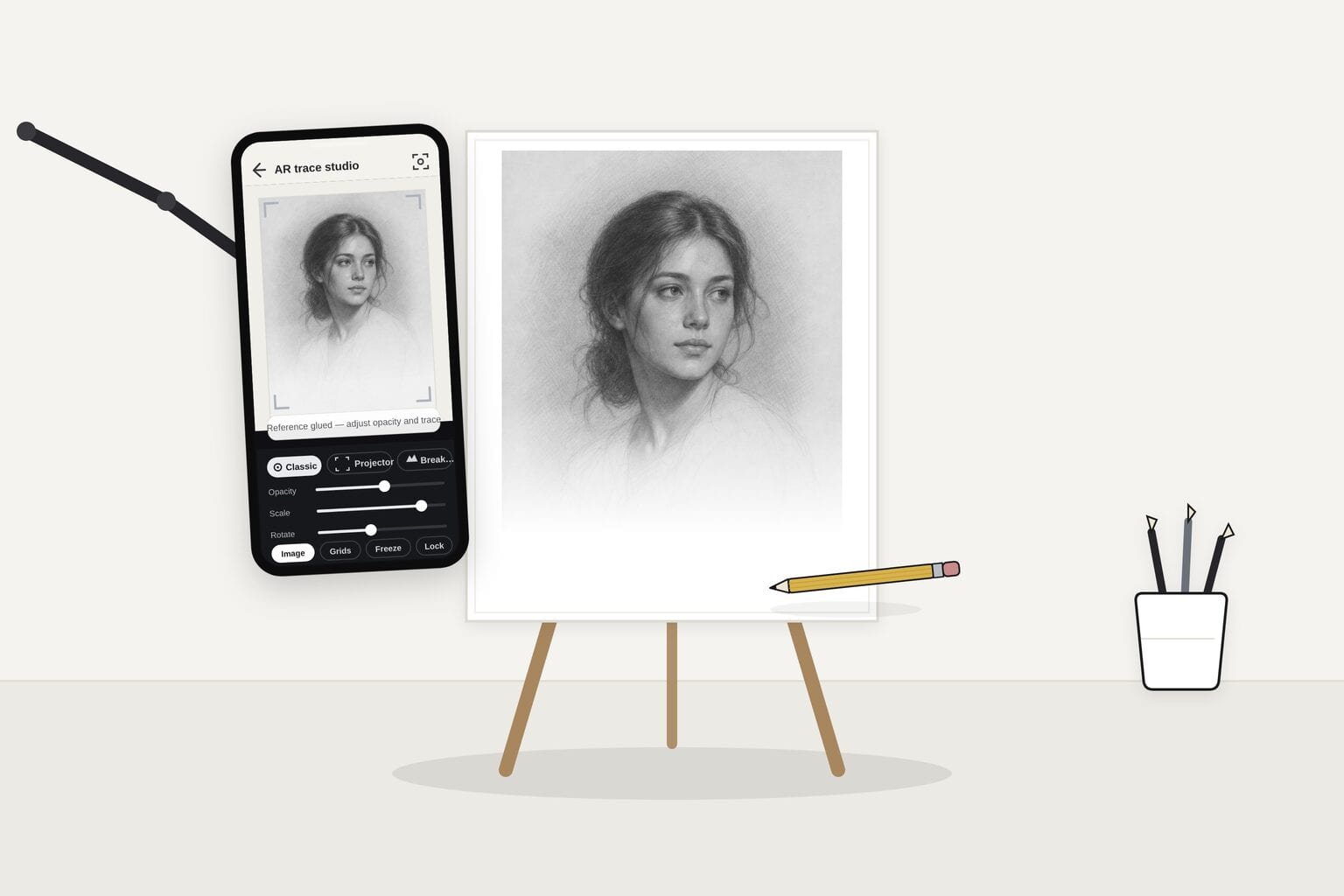 Illustration: a canvas on a studio easel with a phone clamped on an arm beside it, the AR trace studio screen showing the portrait reference aligned to the canvas