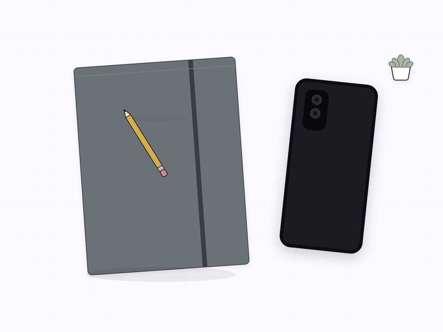 Illustration: a closed sketchbook, a pencil and a phone lying face down on a desk
