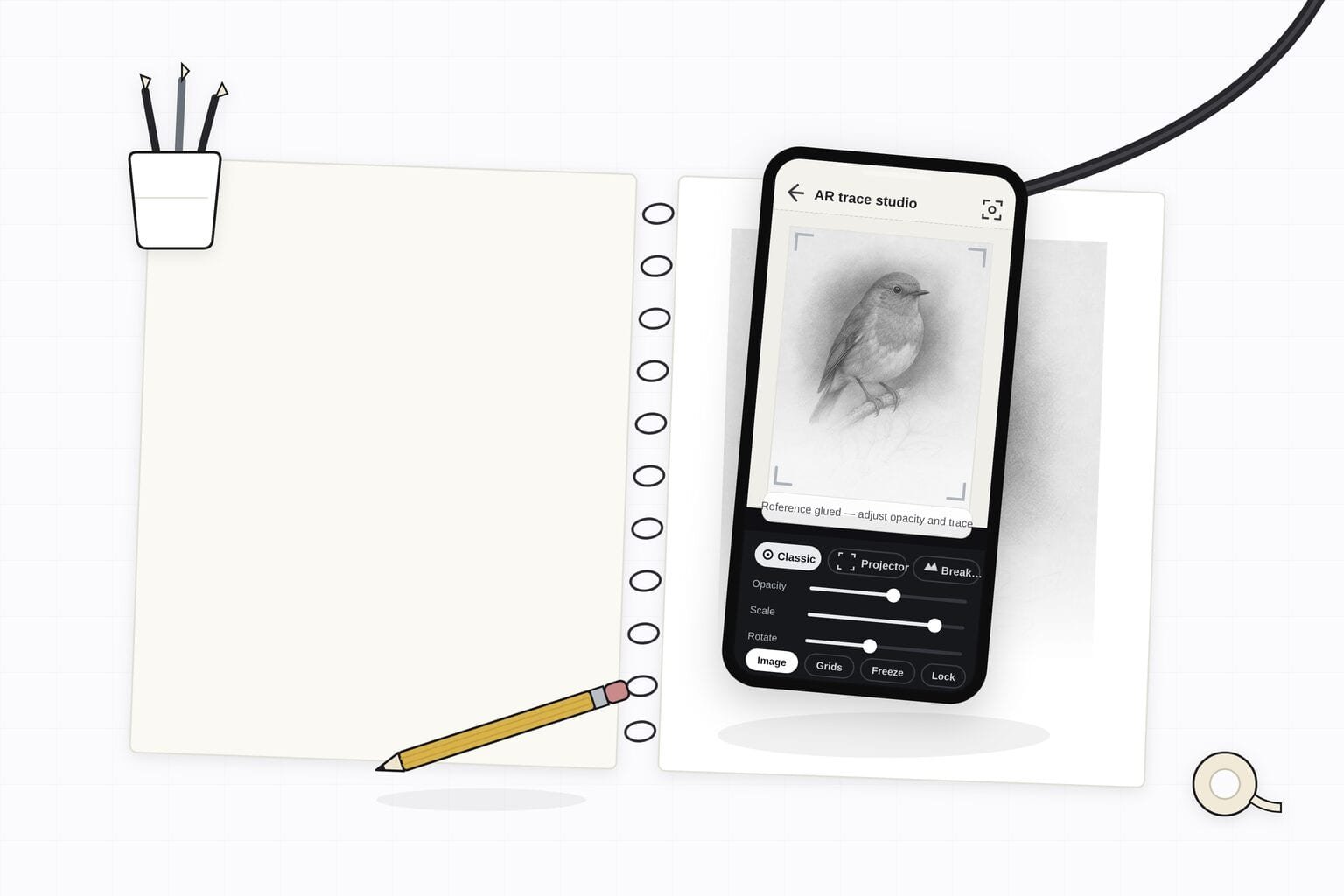 Illustration: a phone held above a sketchbook on a gooseneck arm, the AR trace studio showing a bird reference locked over the drawing in progress