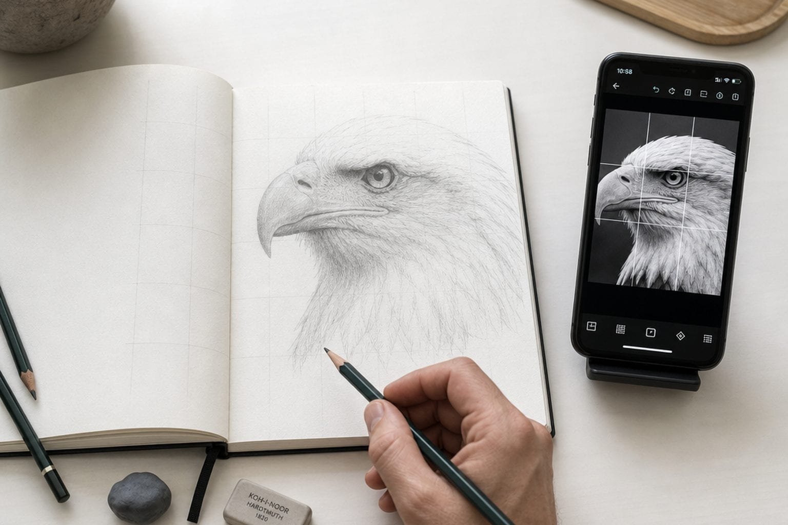Illustration: a sketchbook page with a composition grid drawn over a portrait study, beside a phone showing the same grid overlay in the app