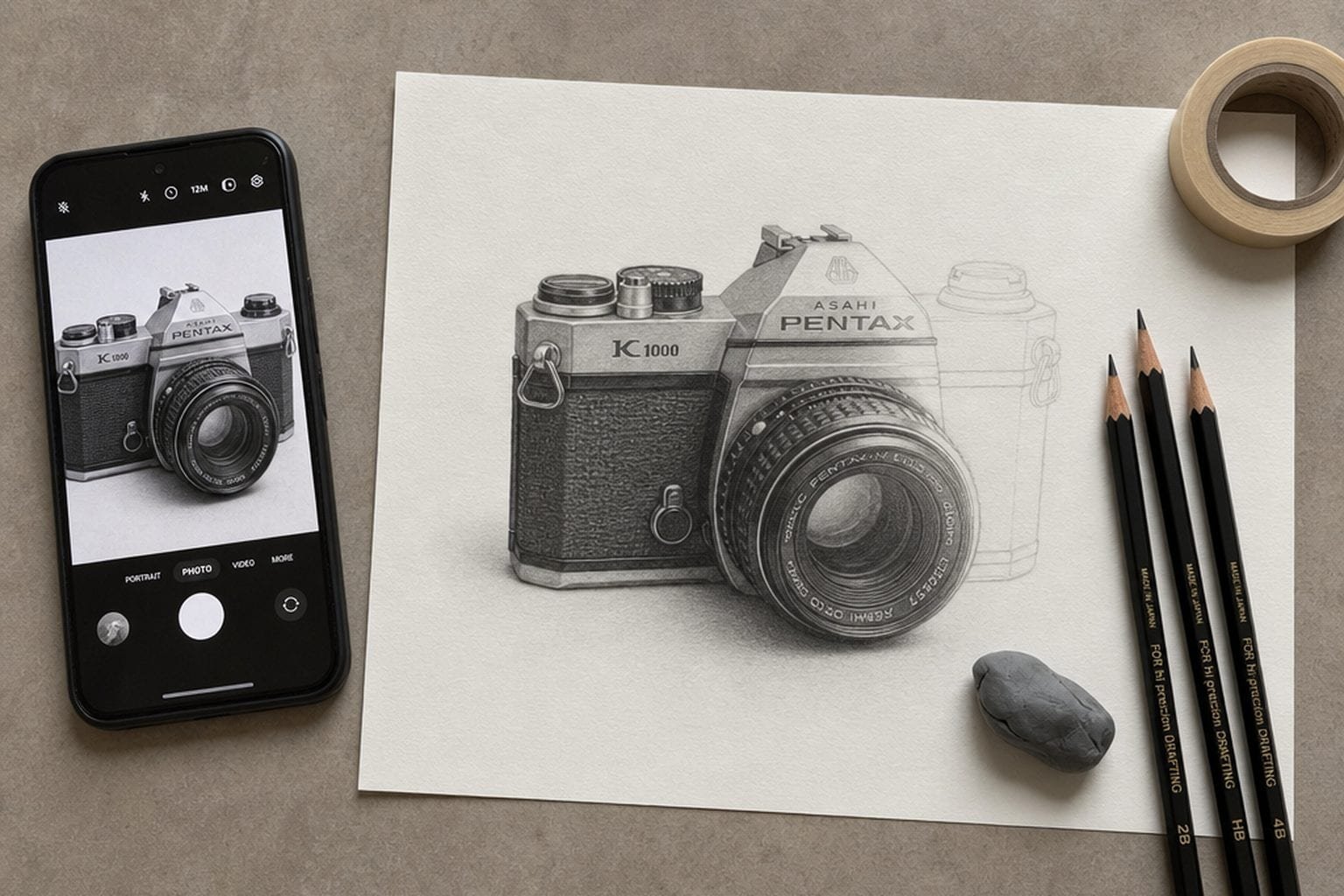 Illustration: an overhead view of a sketchbook with a portrait study, a phone showing the AR trace studio, and graphite pencils