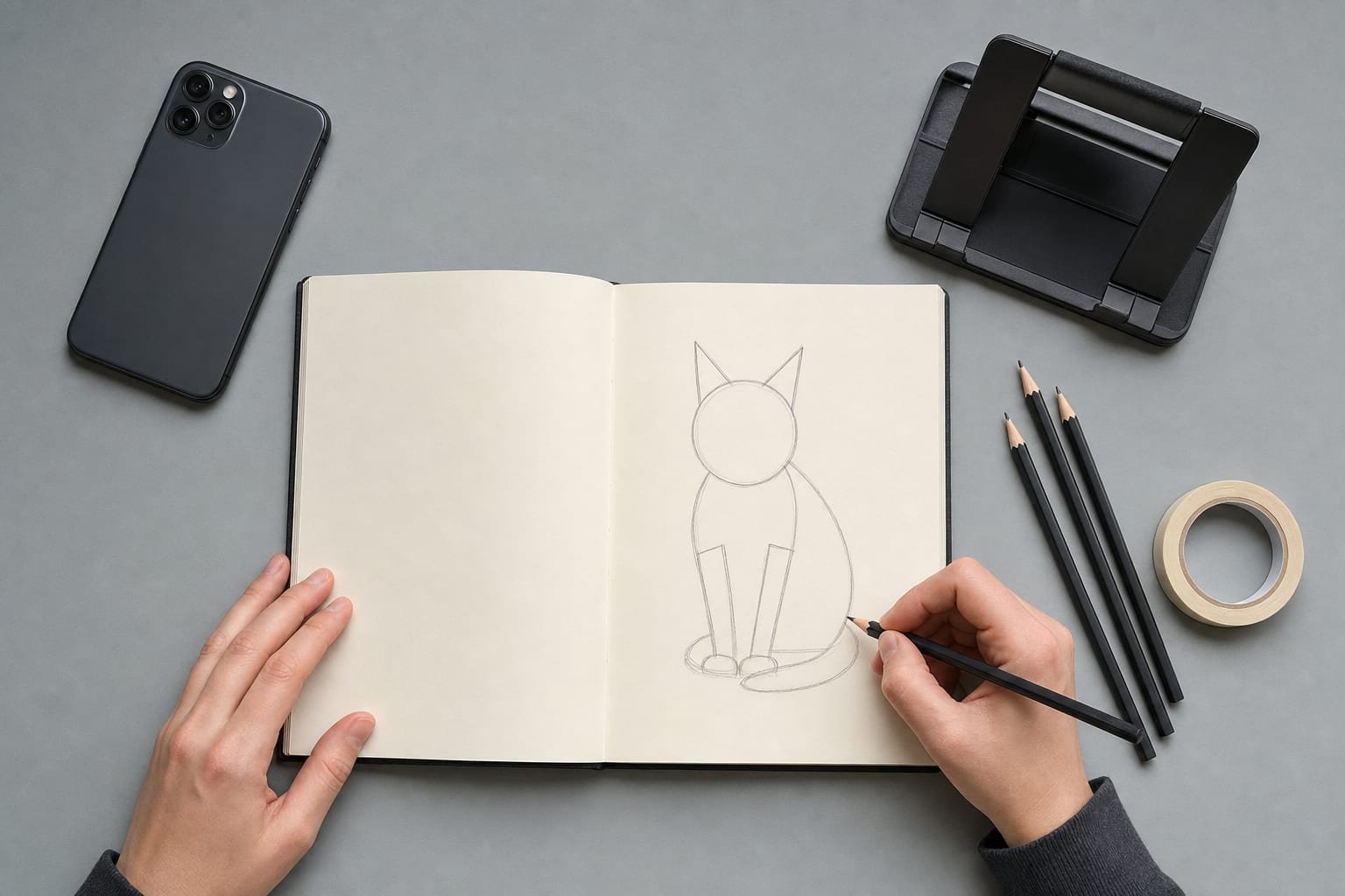 Overhead view of a drawing workspace with a sketchbook, face-down smartphone, tablet stand, pencils, and artist tape