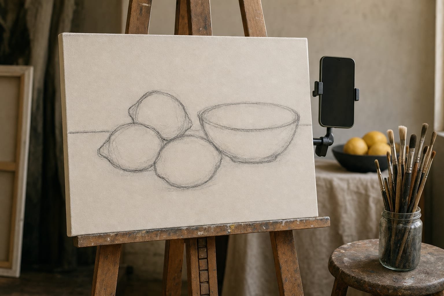 Studio easel with a primed canvas and a smartphone clamped to the upright, brushes on a stool nearby