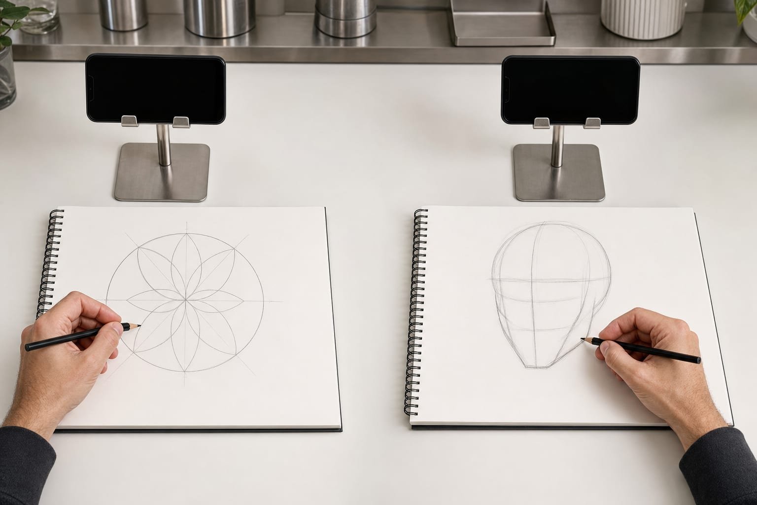 Two smartphone stands side by side, each above its own open sketchbook with a pencil