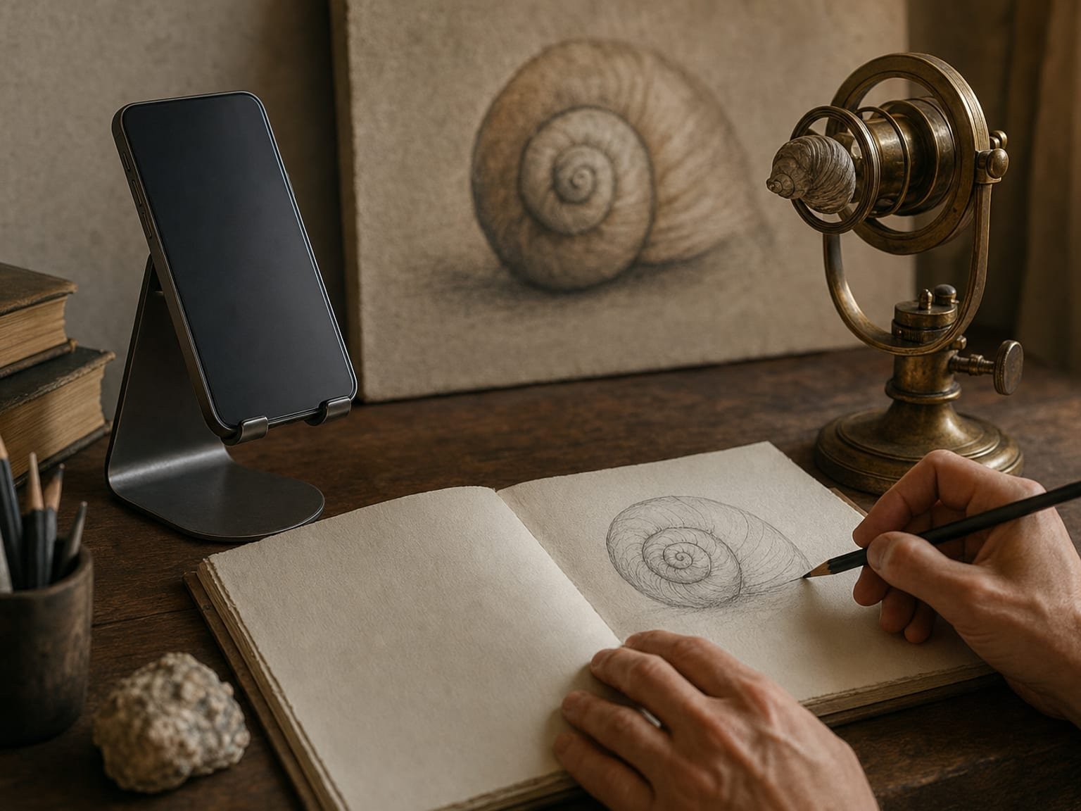 Smartphone on a stand above a sketchbook beside an antique brass optical instrument on a wooden desk