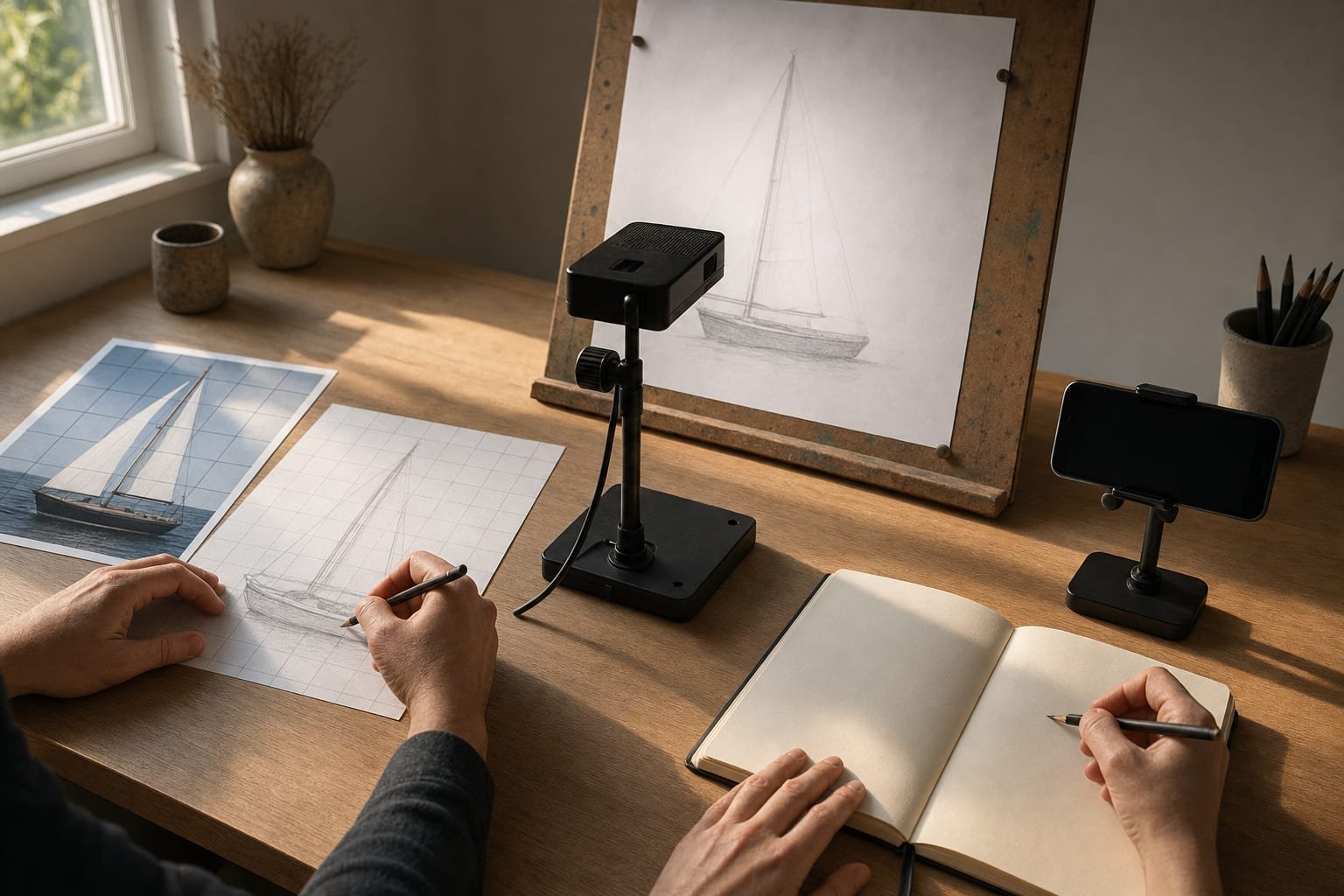 Desk showing three transfer setups: gridded print with gridded paper, small projector aimed at a board, and phone on a stand over a sketchbook