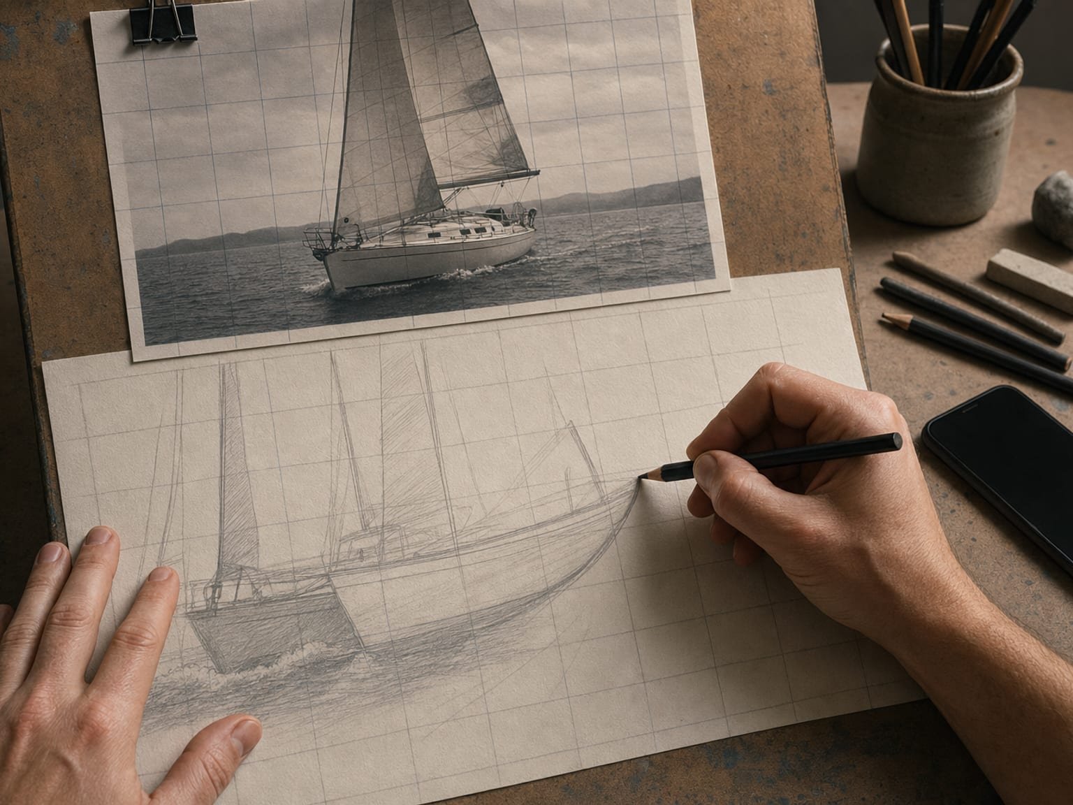Hands drawing inside one square of a pencil grid, with a gridded reference photo clipped above