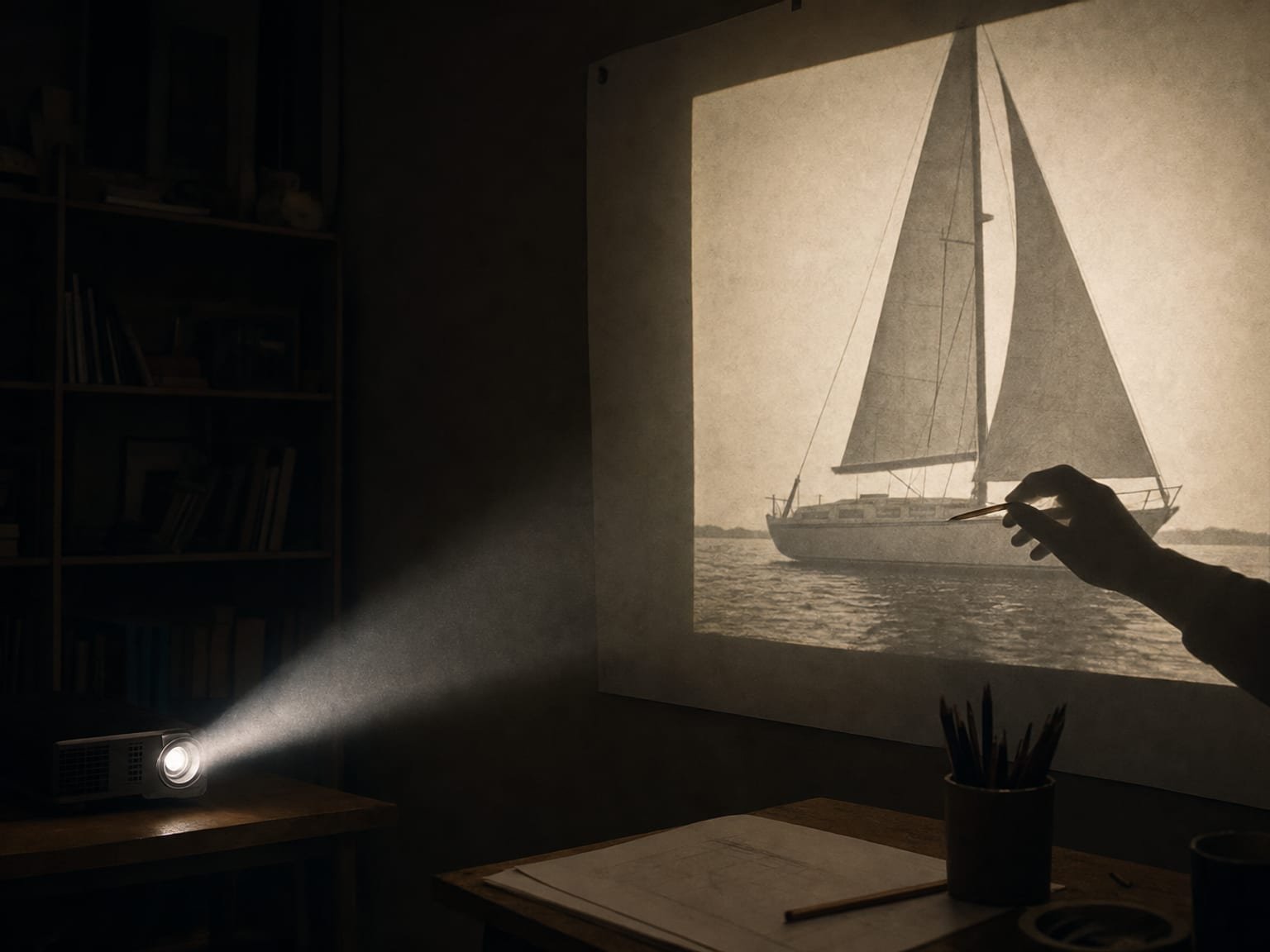 Small projector casting an image rectangle onto wall-mounted paper while a hand traces inside the projection
