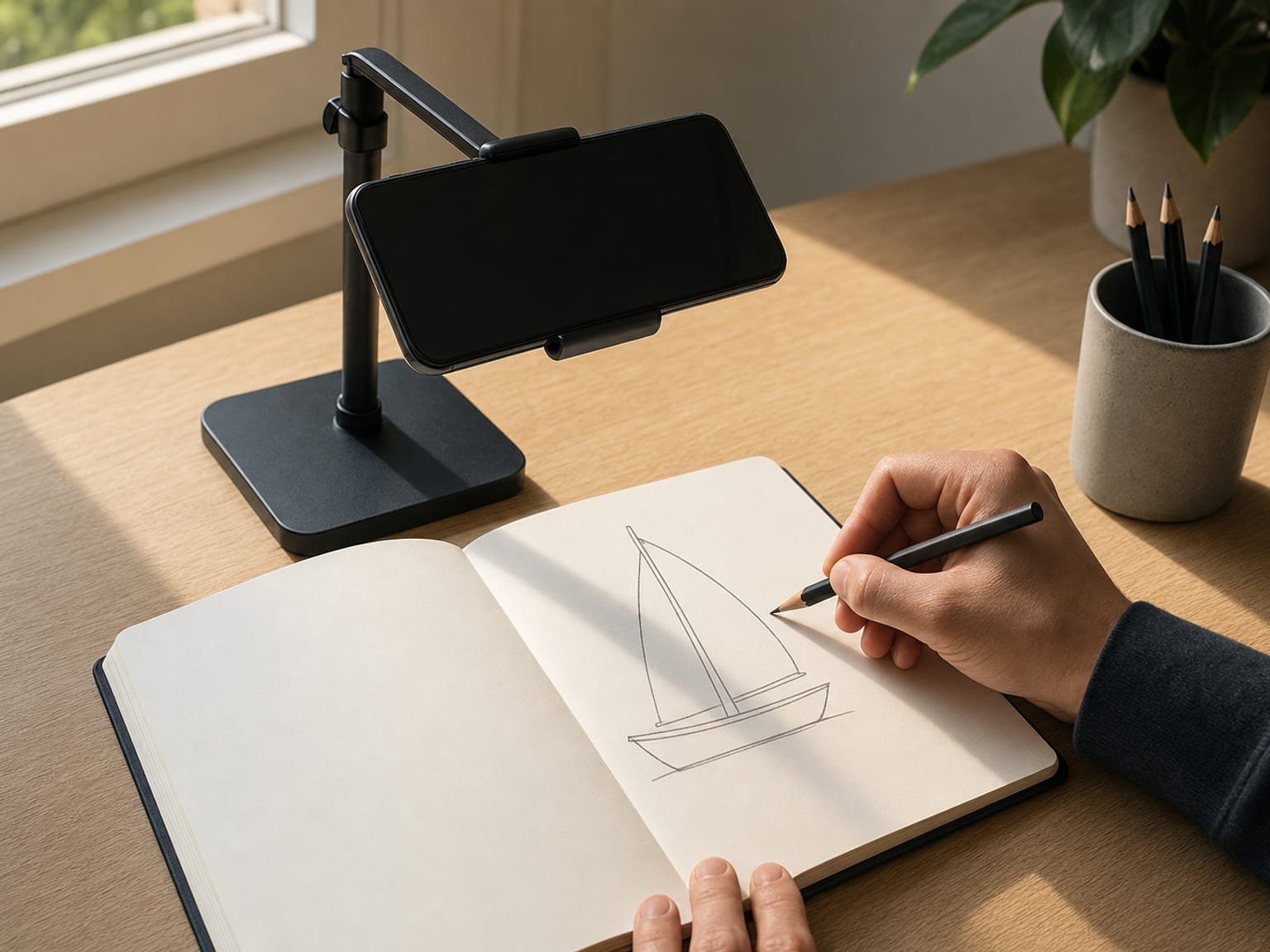 Smartphone on a low stand directly above a sketchbook while a hand draws beneath it