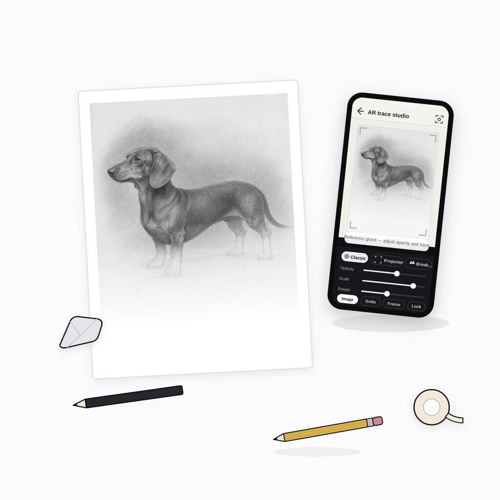 Illustration: an overhead flat-lay of drawing paper, pencils, an eraser, tape and a phone showing the AR trace studio