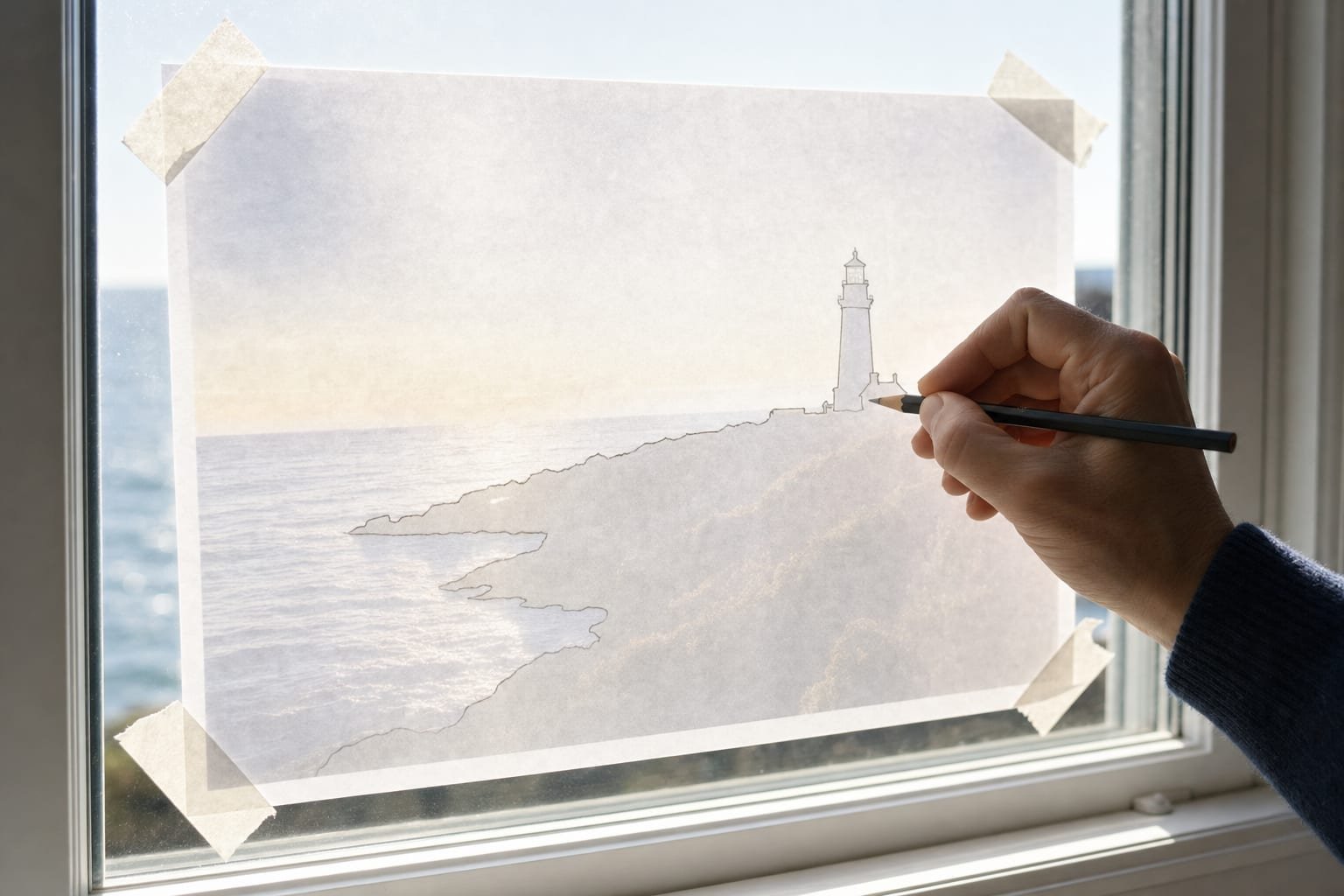 Hand tracing a photo through paper taped over a printed photograph on a bright window