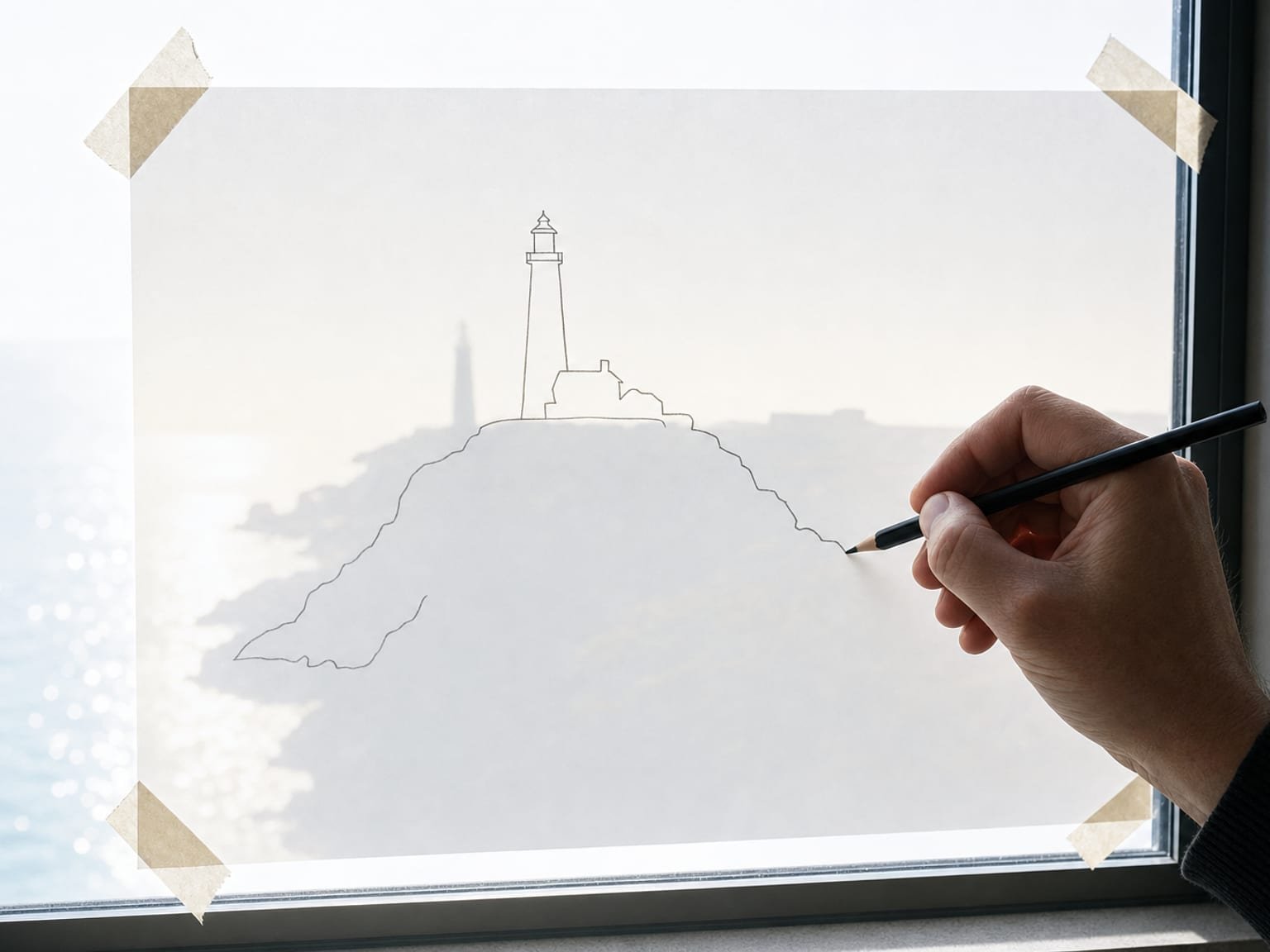 Pencil tracing contour lines through backlit paper on a window, image shapes visible through the page