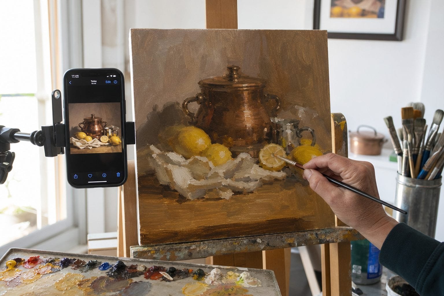 Illustration: a canvas on an easel with a phone on an arm beside it showing the portrait reference in the AR trace studio