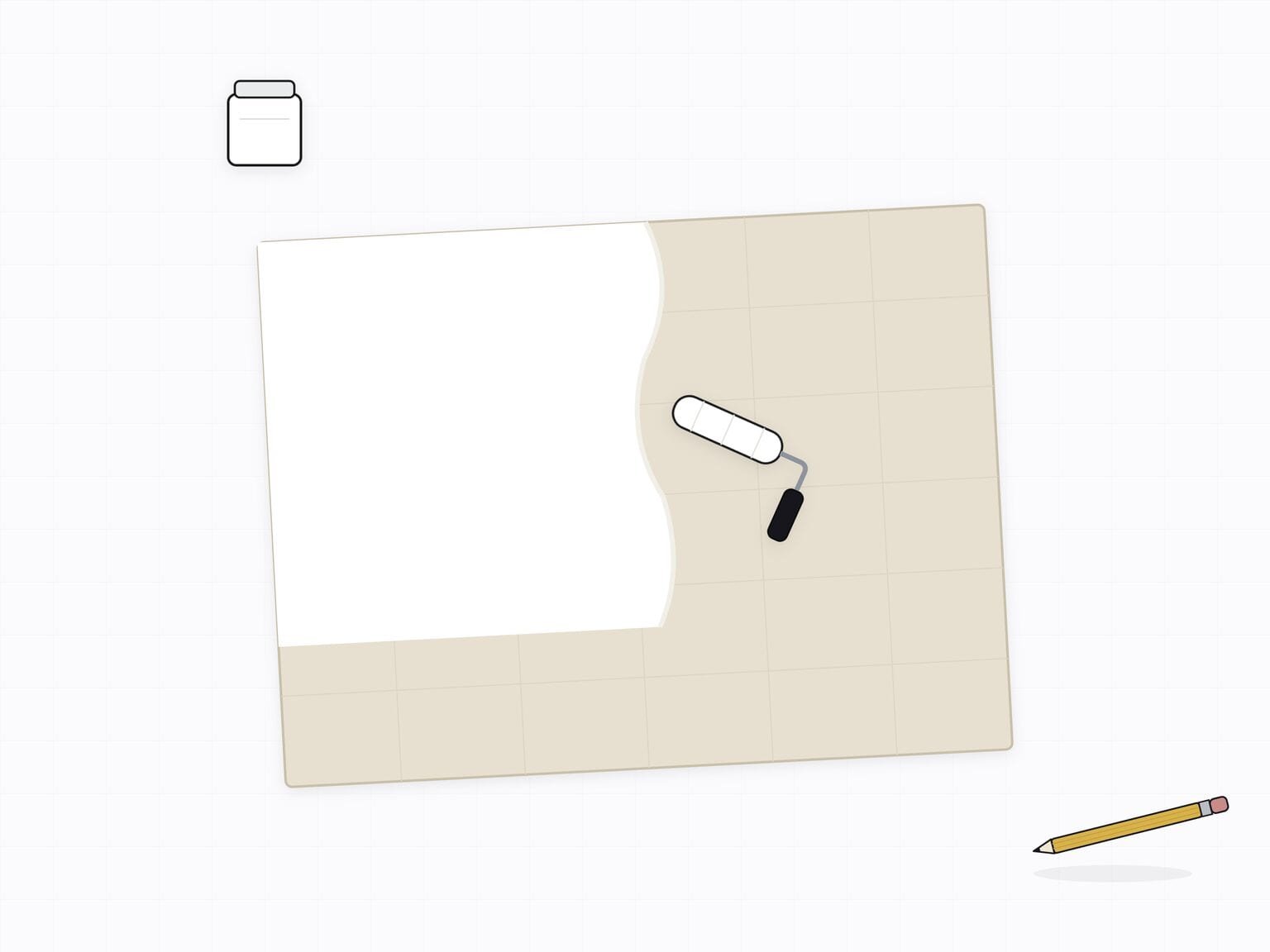 Illustration: a canvas being primed with a roller of white gesso beside an open jar