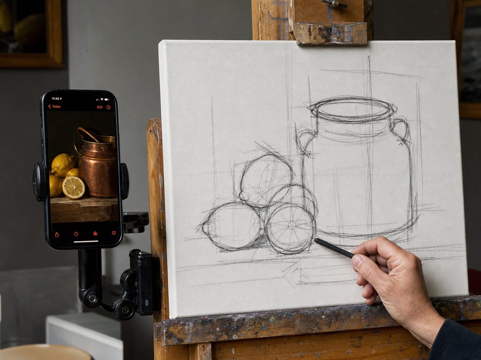 Illustration: a portrait outline blocked in on a primed canvas on an easel