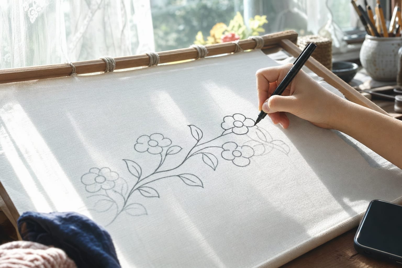Hand tracing a design onto stretched pale cotton with a fabric marker, a pattern showing faintly through the cloth