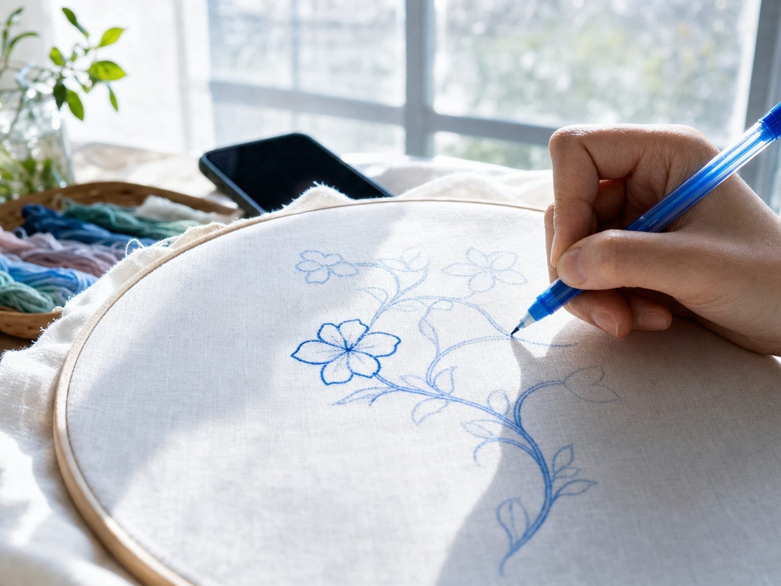 Water-soluble fabric pen tracing outlines on taut pale cloth over a faint pattern beneath