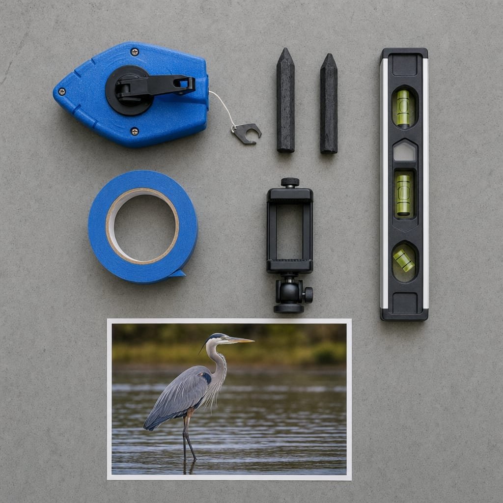Flat-lay of wall transfer tools: chalk line reel, charcoal, level, painter's tape, phone tripod clamp, and printed reference