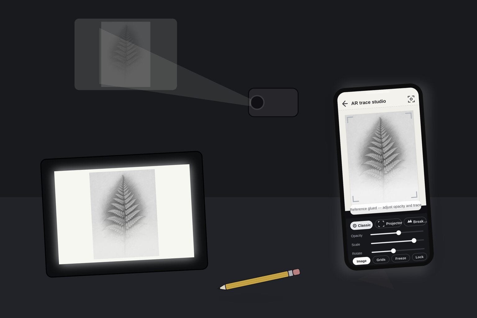 Illustration: a dim studio showing three tracing methods side by side — a glowing light box, a projector, and a phone running the AR trace studio