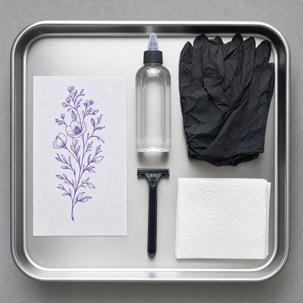 Flat-lay of tattoo stencil materials: thermal stencil printout, transfer solution, gloves, razor, and paper towel