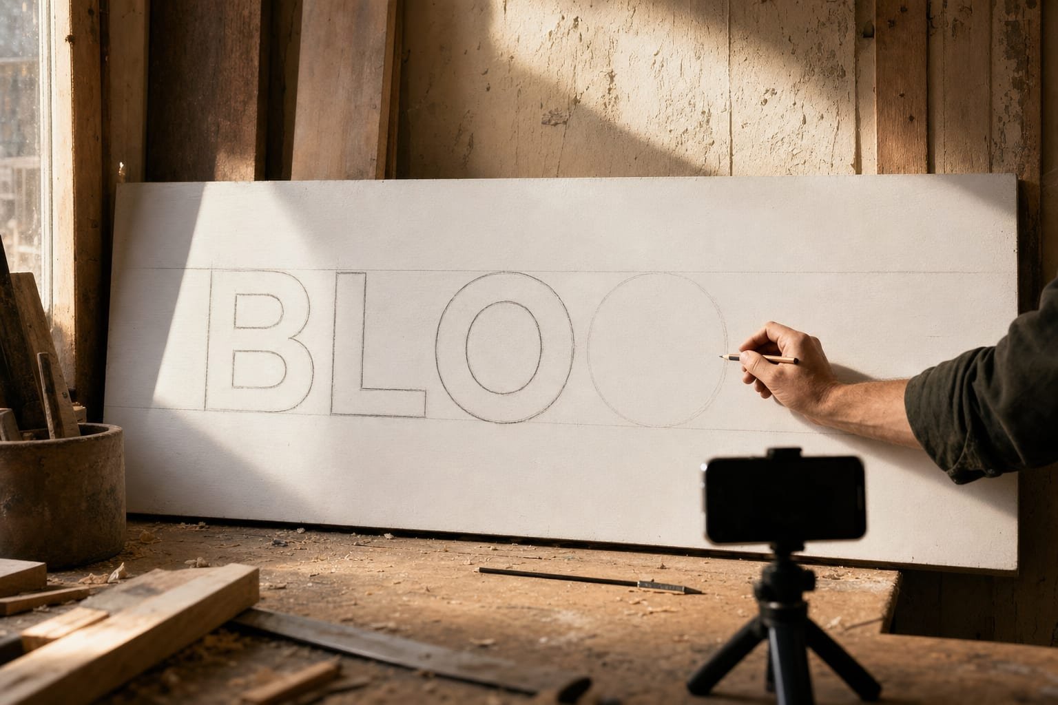Hand sketching bold letterforms onto a large blank sign board with a phone on a tripod aimed at it