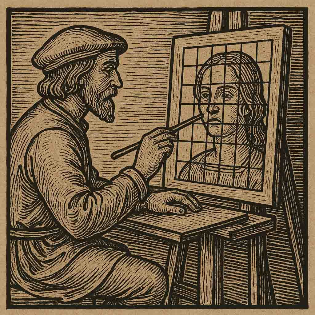 Historic woodcut of Albrecht Dürer's grid method for drawing accurate proportions, inspiration for Grid Maker Pro's digital grid overlay tool