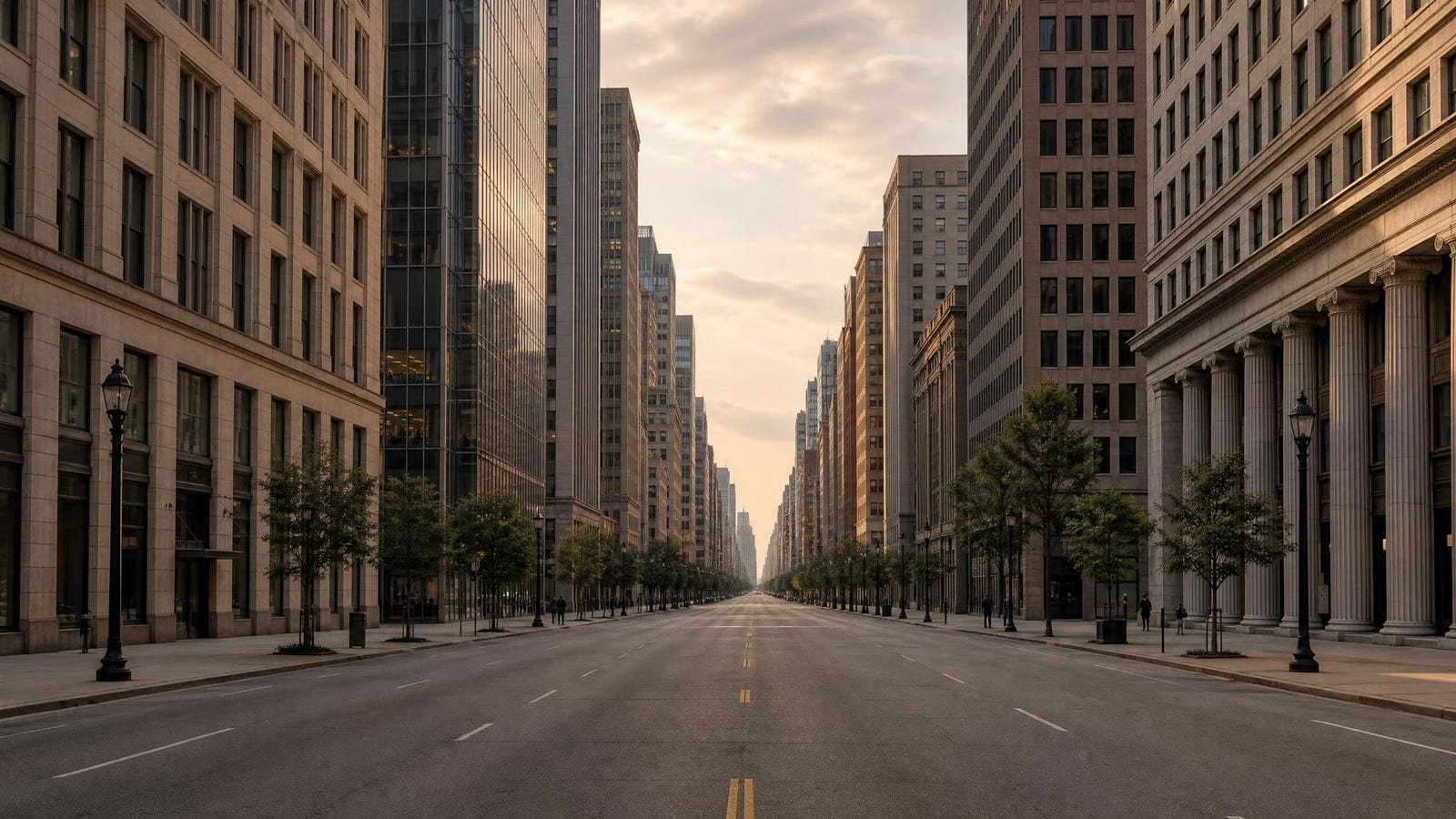 A city avenue receding to a single vanishing point, used as a perspective reference