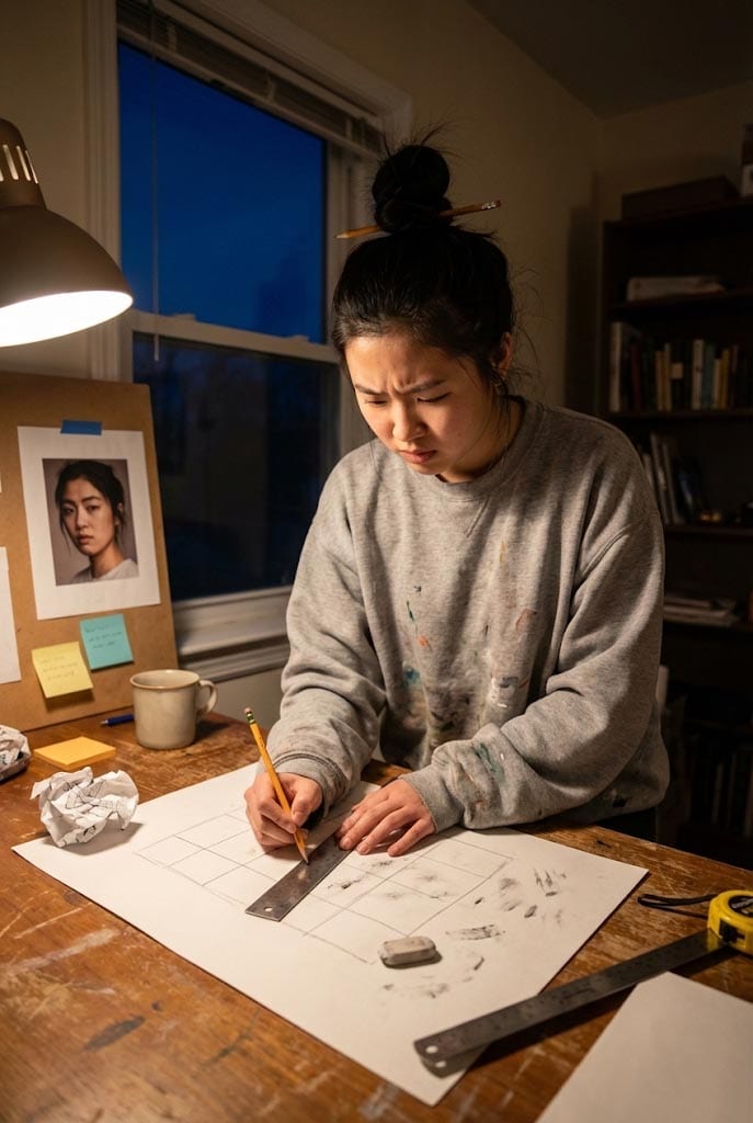 Artist drawing a reference grid by hand at a studio desk