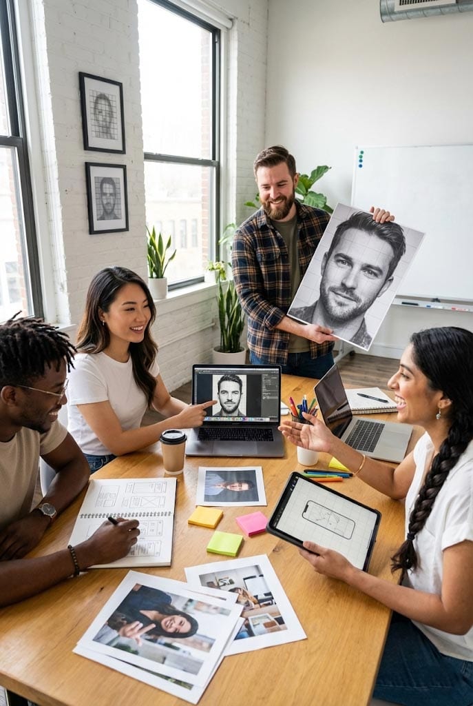 Artists reviewing a gridded reference image together in a bright studio