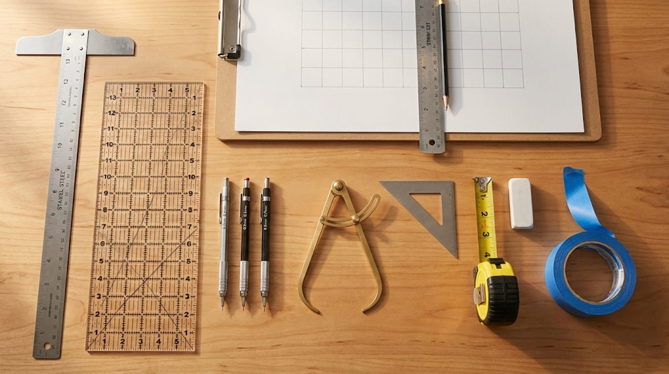Measuring tools used to check grid line accuracy