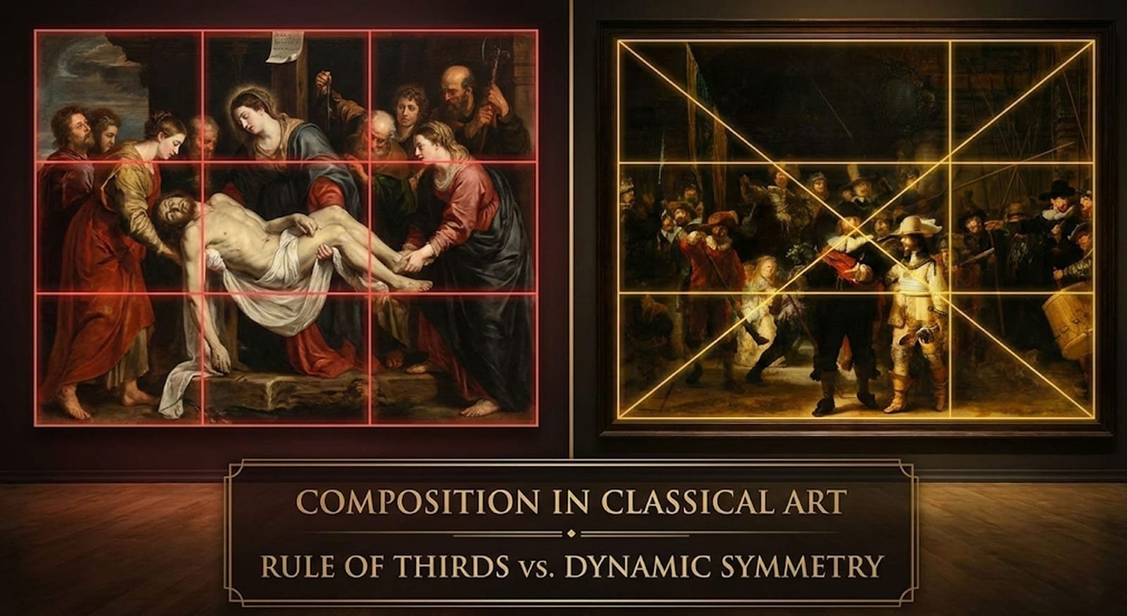 The same photograph compared under a rule of thirds grid and a dynamic symmetry armature
