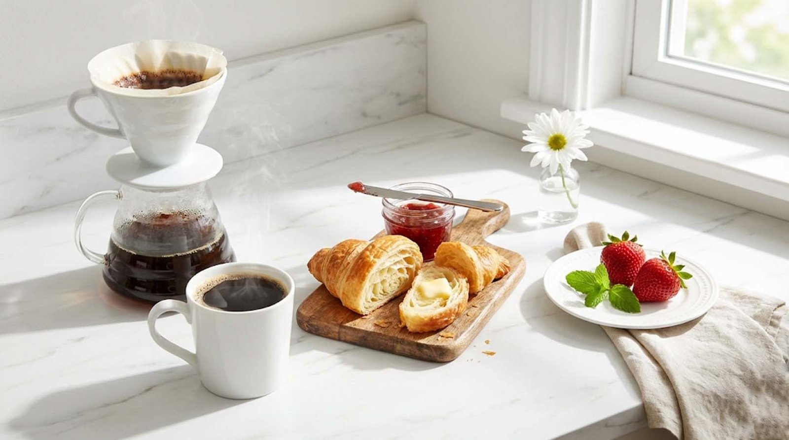Morning coffee and breakfast still-life reference photo